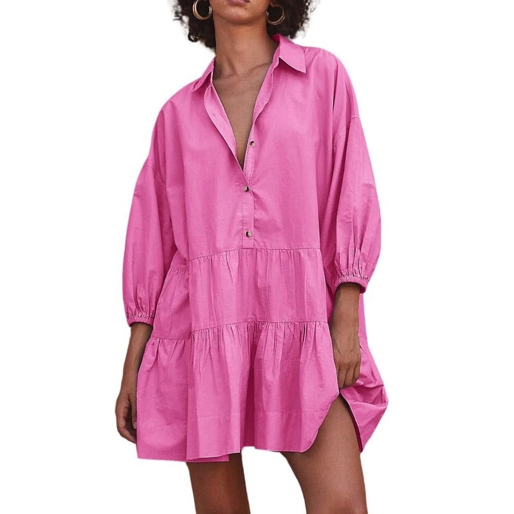 Free People Hot Pink Cotton Tiered Babydoll Mini Dress XS Oversized‎ Poplin